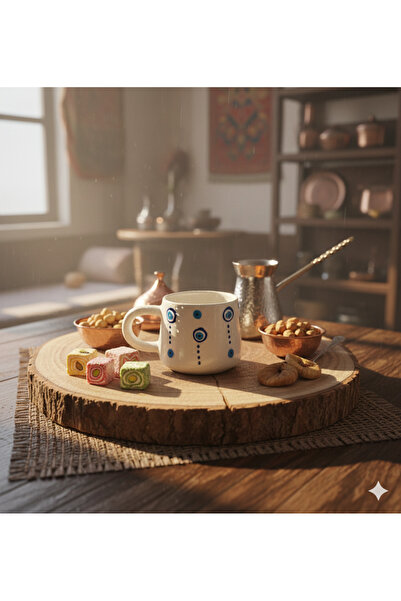 CEYU SERAMİK Mavi Nazar Boncuklu Özel Tasarım Kahve Kupası