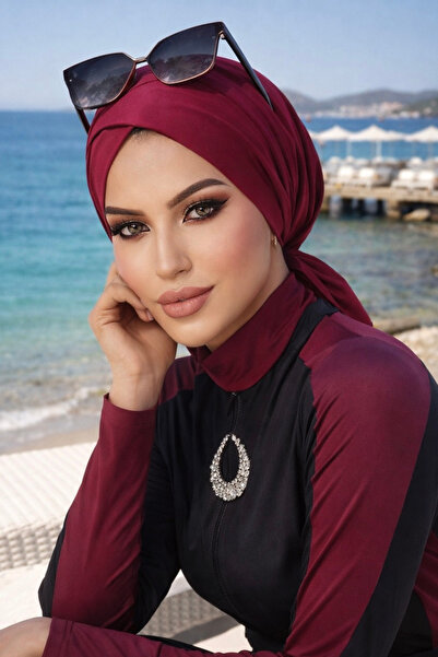 Aişe tesettür Bordo Çapraz Deniz - Havuz Deniz Bonesi