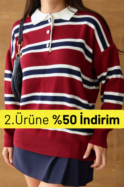 Balenbi Women's Polo Neck Oversized Striped Knitwear Sweater 1128