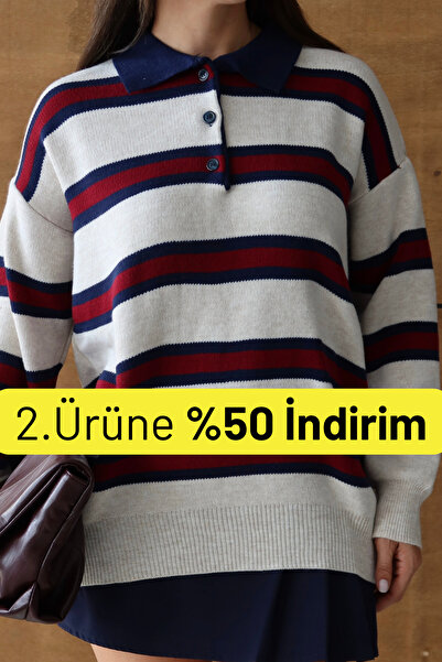 Balenbi Women's Polo Neck Oversized Striped Knitwear Sweater 1128