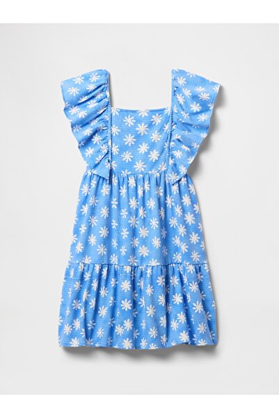 GAP Kız Çocuk Mavi Çiçek Desenli Fırfır Kol Elbise