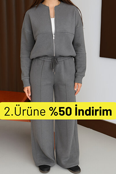 Balenbi طقم سترة نسائية من 3 خيوط مع بطانة صوفية وسترة بومبر وبنطلون بالازو 1143