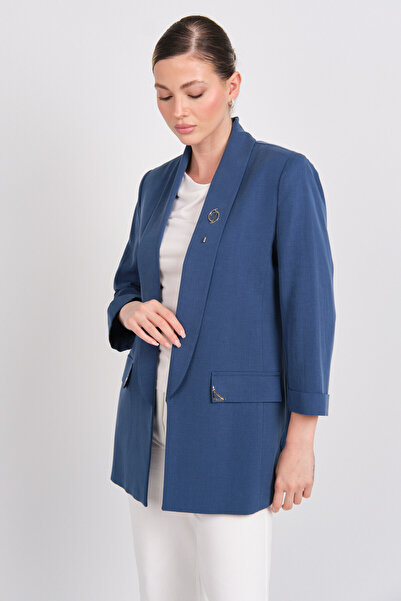 Ekol معطف نسائي بتفاصيل بروش وياقة شال 4188 نيلي