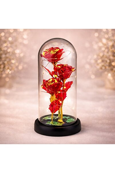 velve Trandafiri artizanali in cupola din sticla, cu frunze decorative pe bla...