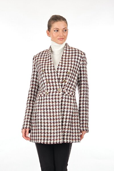 Ekol Düz Yaka Ekose Desenli Uzun Kollu Siyah Kadın Ceket 22205093