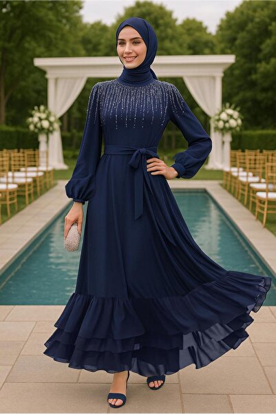 TRENDTESETTÜR KADIN LACİVERT İNCİ İŞLEMELİ ABİYE ELBİSE T 0812