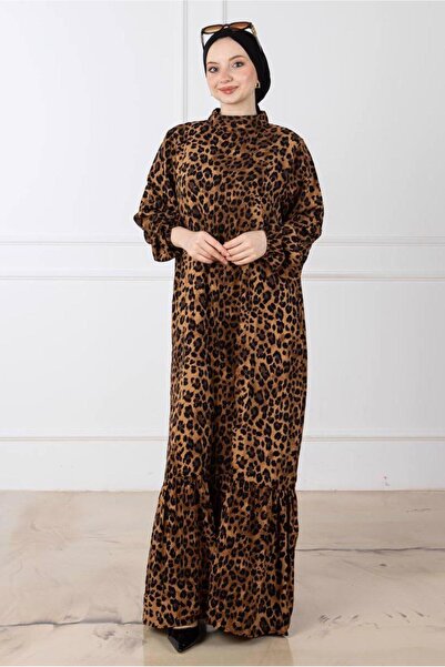 TRENDTESETTÜR KADIN KAHVE LEOPAR DESENLİ ELBİSE T 8529