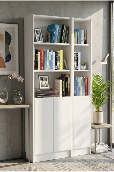 YETİ MOBİLYA Flat85 Kitaplık 3 Kapaklı Kütüphane Çok Amaçlı Dolap Beyaz