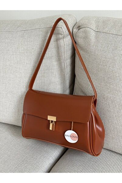 BAGLOVİS Stylish Tan Women's Shoulder Bag with Front Lock Detail, Single Stra...