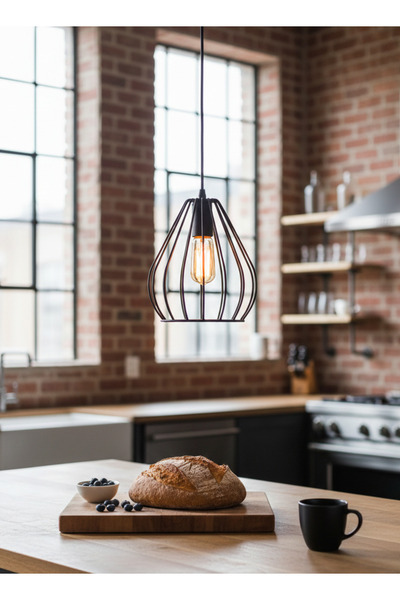 Özel Tasarım 2019 Retrol Rustic  Siyah Metal Kafes Tekli Sarkıt Avize Aydınlatma