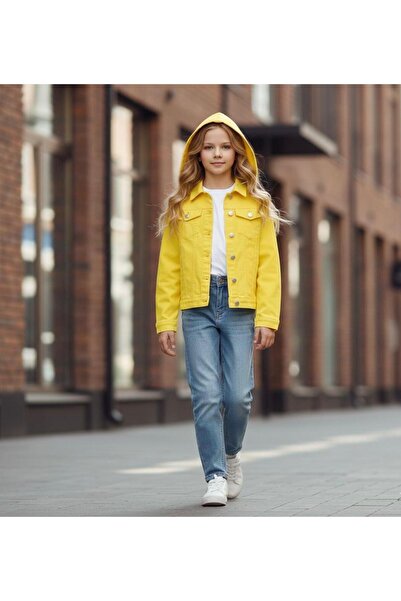 Hilal Akıncı Kids Kız Çocuk Renkli Seyyar Kapüşonlu Mevsimlik Kot Ceket