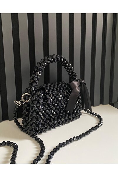 Hümzeyy home Kristal boncuk parlak çanta özel tasarım siyah renk en19 boy12 k...