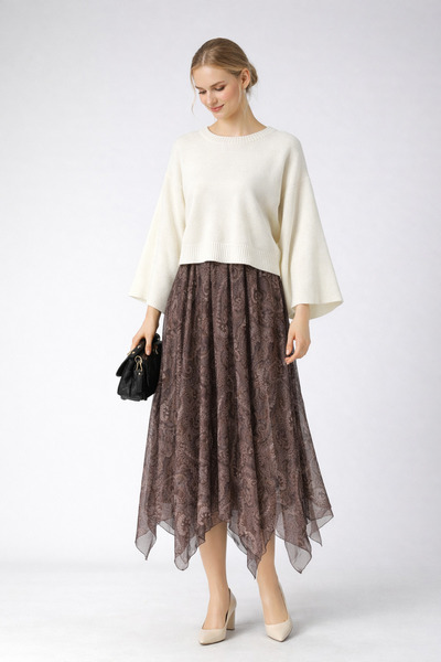 moda biz Women's Asymmetrical Cut Chiffon Skirt with Elastic Waist and Lining