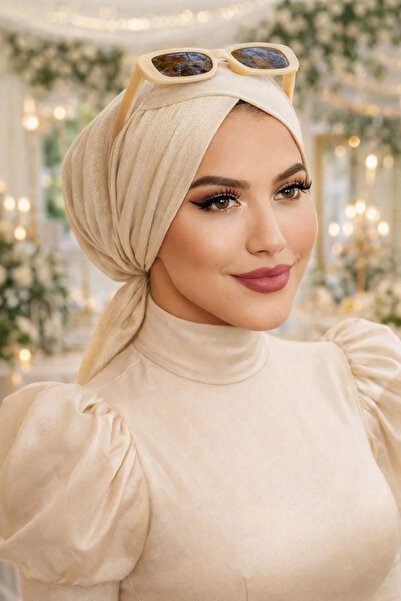 Aişe tesettür Ekru Işıltılı Çapraz Bone