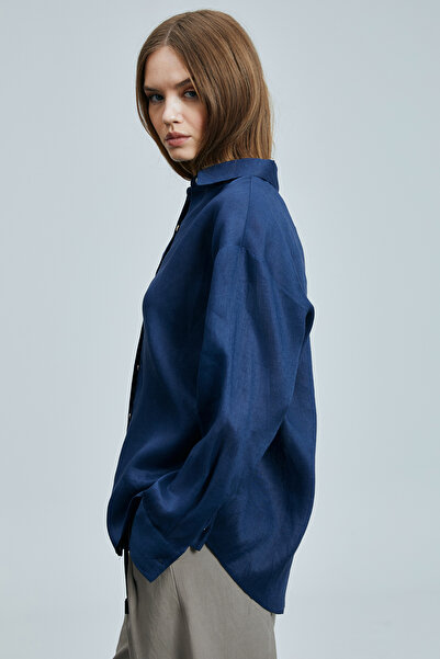 Lufian Navy Blue Barrı Women's Linen Shirt