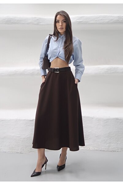 MAXXANA Midi Length Polyviscon Skirt with Pockets and Belt