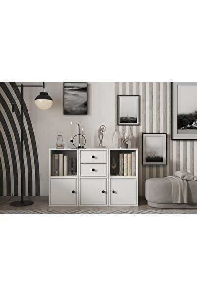 Nettrends Üç Kapaklı Iki Çekmeceli Raflı Beyaz Konsol Çıtasız Kns-1154-ç