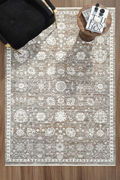 Eliz Home Eskitme Vintage Çiçekli Gri Halı Bambu Polyester Oturma Odası Salon...