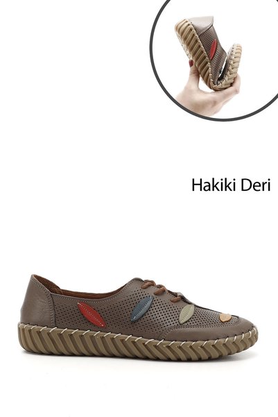 GÖNDERİ(R) Vizon Antik Gön Hakiki Deri Yuvarlak Burun Düz Taban Kadın Sneaker...