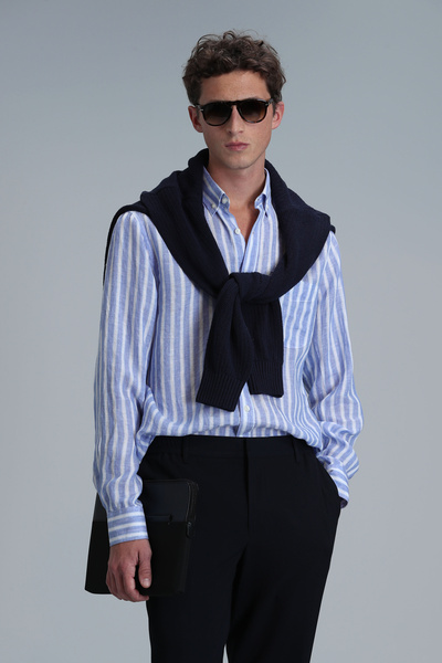 Lufian London Erkek Keten Gömlek Regular Fit Mavi