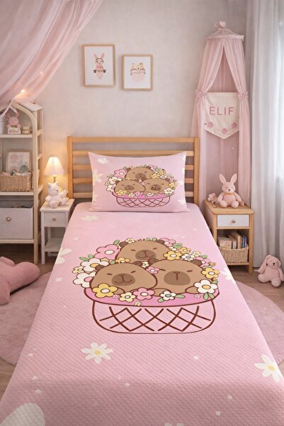 Evmila Capybara Patterned Single Pique Blanket 160X220 cm - Pink