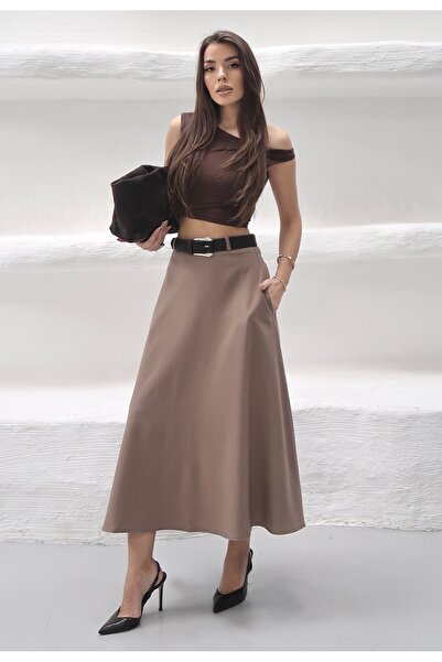 MAXXANA Midi Length Polyviscon Skirt with Pockets and Belt