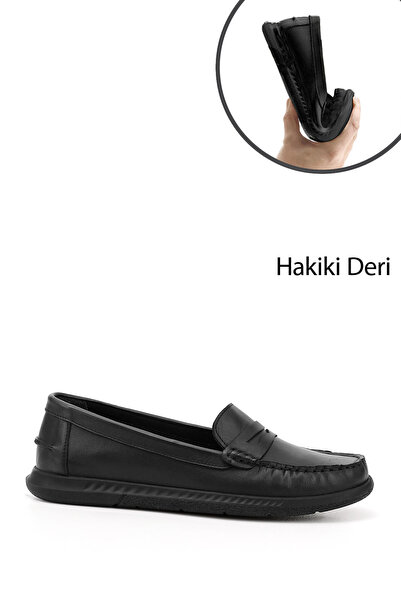 GÖNDERİ(R) Γυναικείο μαύρο ροκ από γνήσιο δέρμα Comfort Loafer
