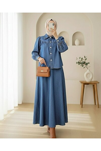 HİJABAYA Beli Σετ Τζιν με Ζώνη κουμπιά μπροστά και φούστα