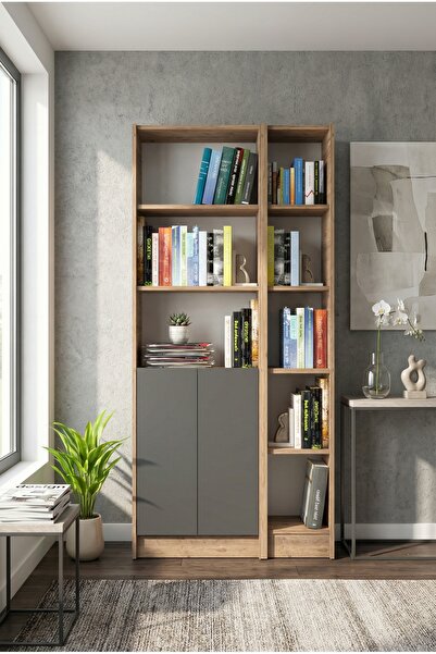 YETİ MOBİLYA Flat85 Kitaplık 2 Kapaklı Kütüphane Çok Amaçlı Dolap Çam Antrasit