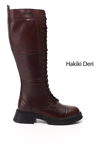 GÖNDERİ(R) Women's Burgundy Zippered Thick Heeled Genuine Leather Boots