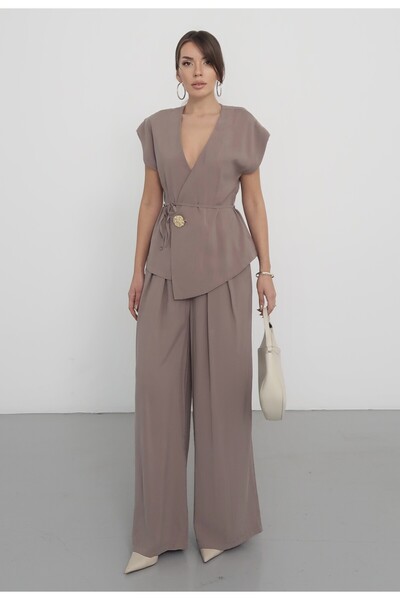 MAXXANA Brooch Buttoned Double-Breasted Vest and Loose-Fit Trousers Two-Piece...