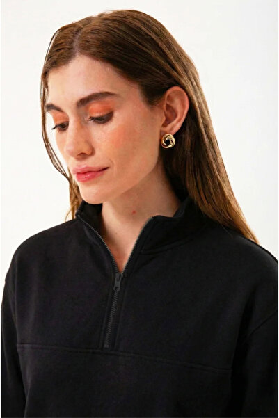 UNIQVIBE Hanorac negru din bumbac organic pentru femei, cu jumătate de fermoar