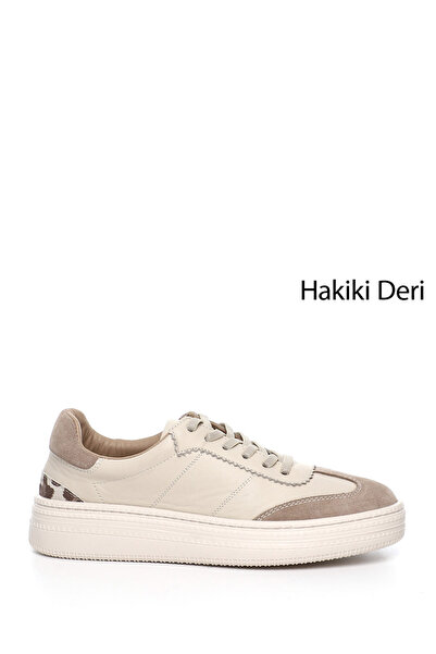 GÖNDERİ(R) Kadın Bej Lastik Bağcıklı Dolgu Taban Hakiki Deri Sneaker