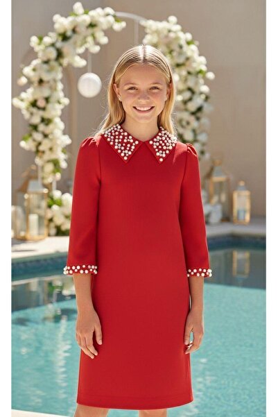 Hilal Akıncı Kids Fakir Girl's Dress with Stone Decor on the Collar and Sleeves