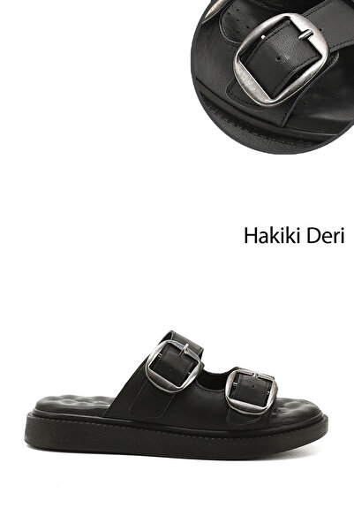 GÖNDERİ(R) Γυναικείες παντόφλες Comfort από γνήσιο δέρμα με μαύρη αγκράφα