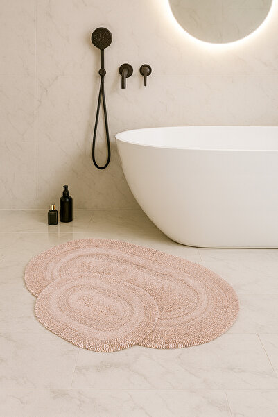 Dokumacıoğlu Macoroni Oval Pudra 2'li Banyo Paspası Seti %100 Pamuklu Banyo H...