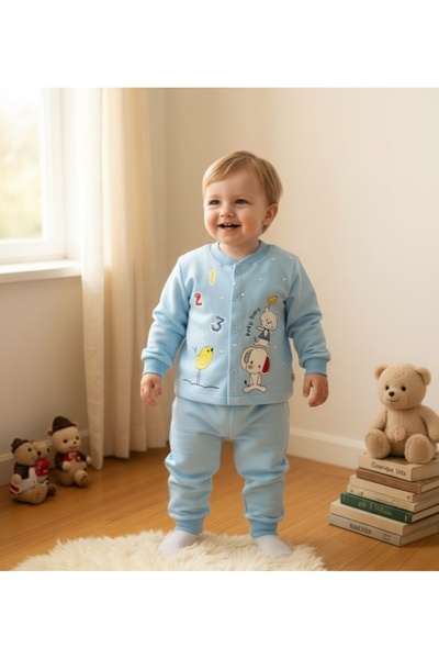 bon boni طقم بيجامة من القطن بنسبة 100% باللون الأزرق