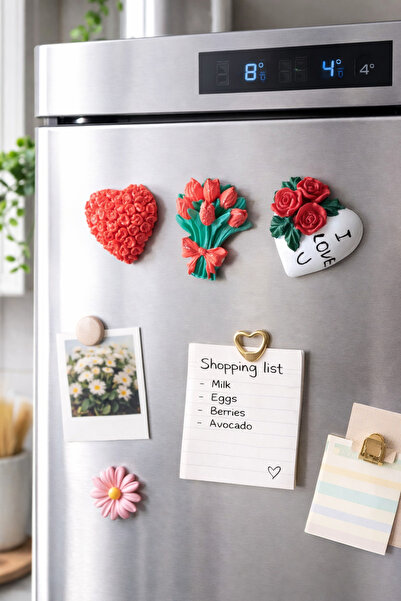 shamatolyesi samatolyesi Buzdolabı için mıknatıslı kalpler ve gül buketi, 3 adet