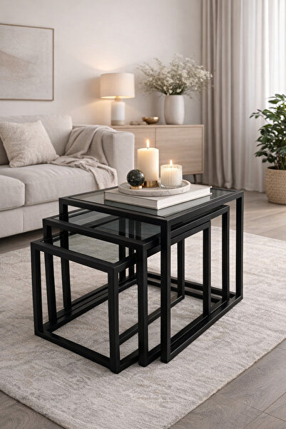 BERFİNO Siyah Metal Camlı Zigon Sehpa 3’lü Set – Modern Minimalist İç İçe Geç...