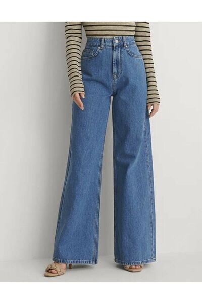 DRC trend بنطال بالازو من قماش الدنيم عالي الخصر من الليكرا باللون الأزرق الد...