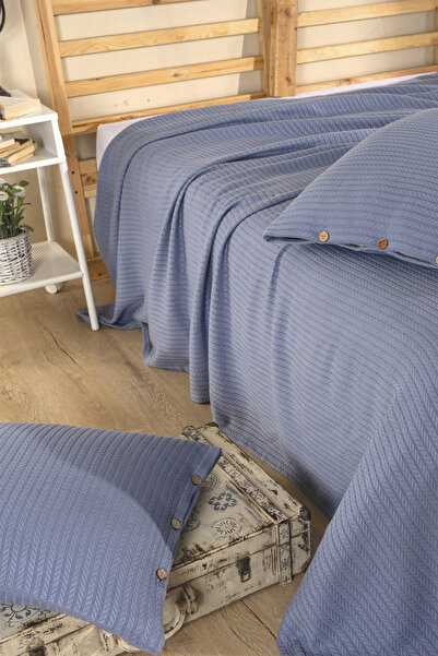 Cottonest Double Blue Pique Set – Modern Hair Braid Pattern + 2 Pillowcases