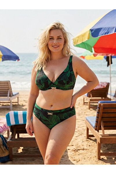hazelin Women's Black Green Accessory Detailed Lined Plus Size Bikini Set Hzl...