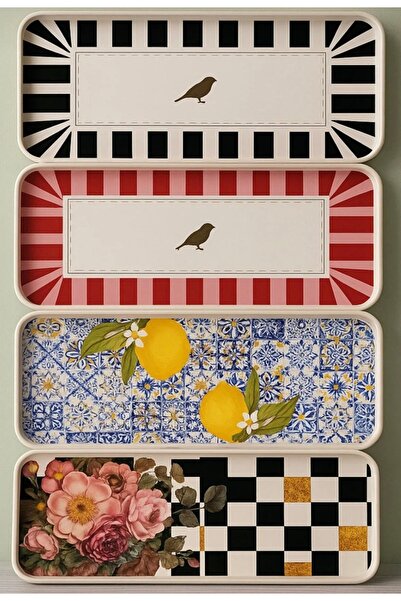 AC AMİSOS مجموعة من 4 صواني تقديم القهوة مستطيلة الشكل بنقوش مميزة - تصميم أن...