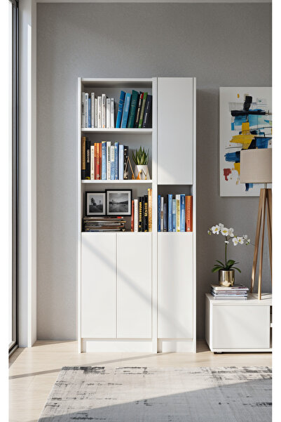YETİ MOBİLYA Flat85 Kitaplık 4 Kapaklı Kütüphane Çok Amaçlı Dolap Beyaz
