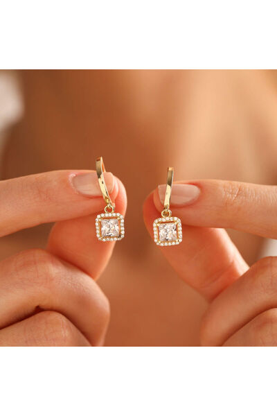 Sembol Gold Altın Sallantılı Baget Küpe Prenses Taş