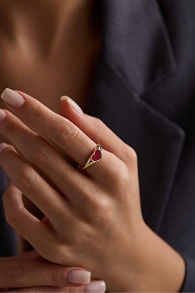 Sembol Gold Altın Kalpli Yüzük Kırmızı Mine