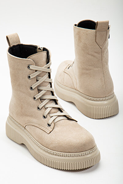 Tonny Black Γυναικείες μπότες με χοντρή θερμική σόλα σε μπεζ καστόρι με κορδό...