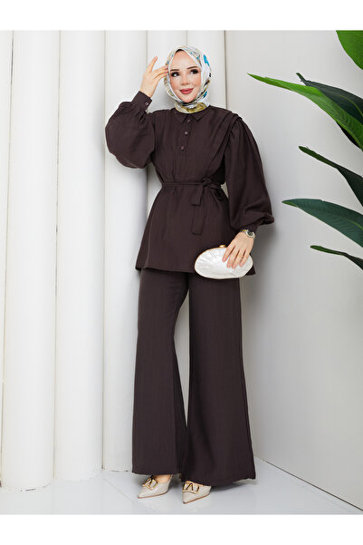 Mash Moda Women's Coffee Color Hijab Set |   Belt Detail, Shirt Collar and Sh...