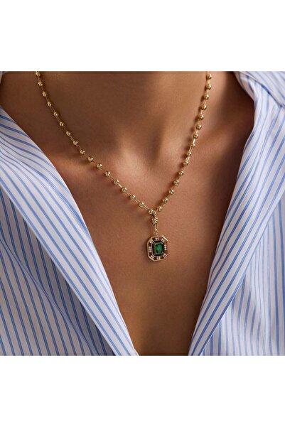 Sembol Gold 14 Ayar Özel Tasarım Yeşil Taşlı Kolye Ball Chain