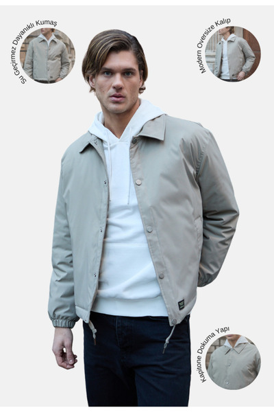 Danger Jachetă oversize pentru bărbați, bej, cu închidere automată